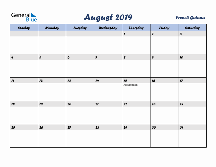 August 2019 Calendar with Holidays in French Guiana