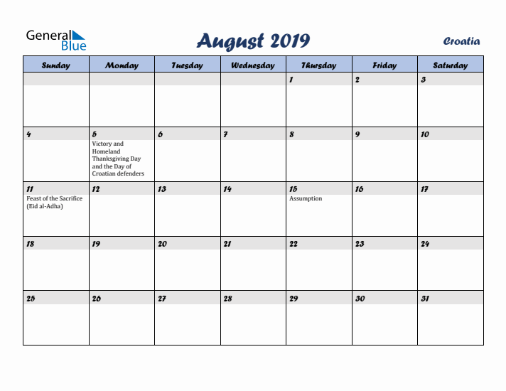 August 2019 Calendar with Holidays in Croatia