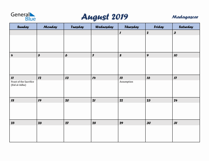 August 2019 Calendar with Holidays in Madagascar