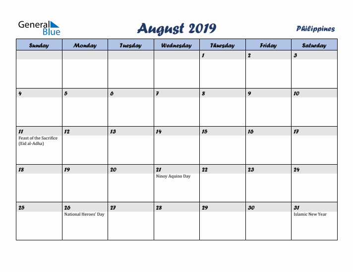August 2019 Calendar with Holidays in Philippines