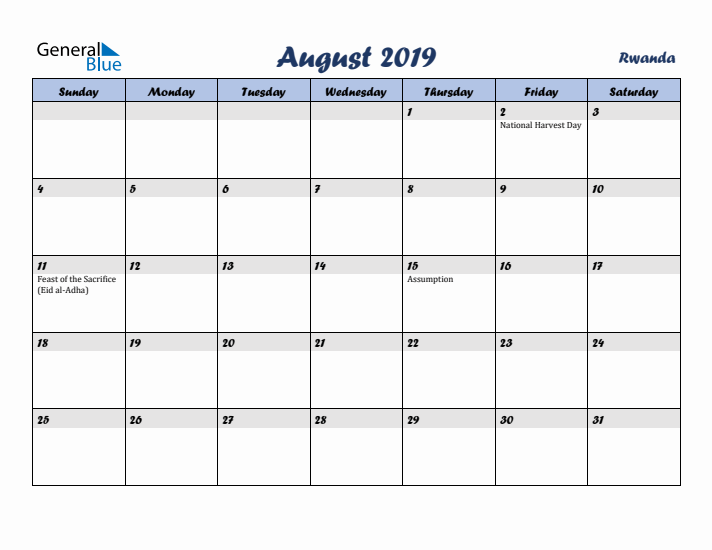 August 2019 Calendar with Holidays in Rwanda