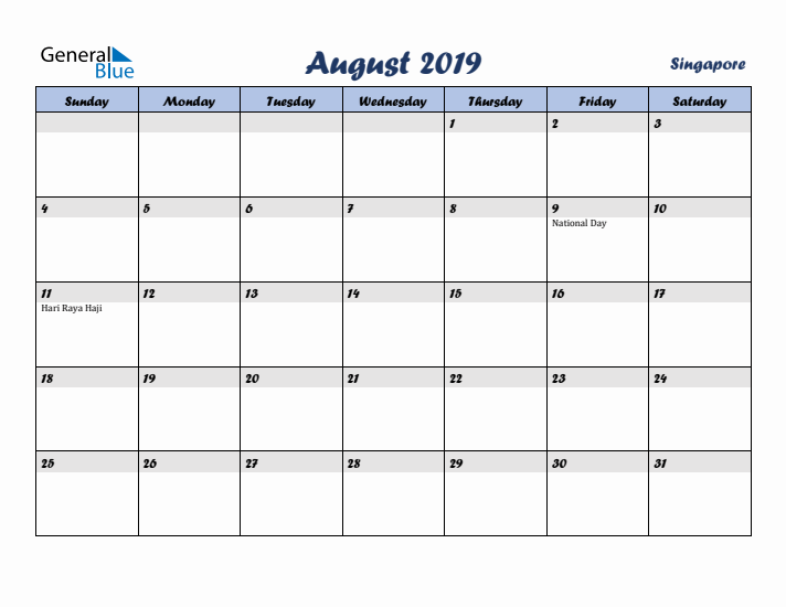 August 2019 Calendar with Holidays in Singapore