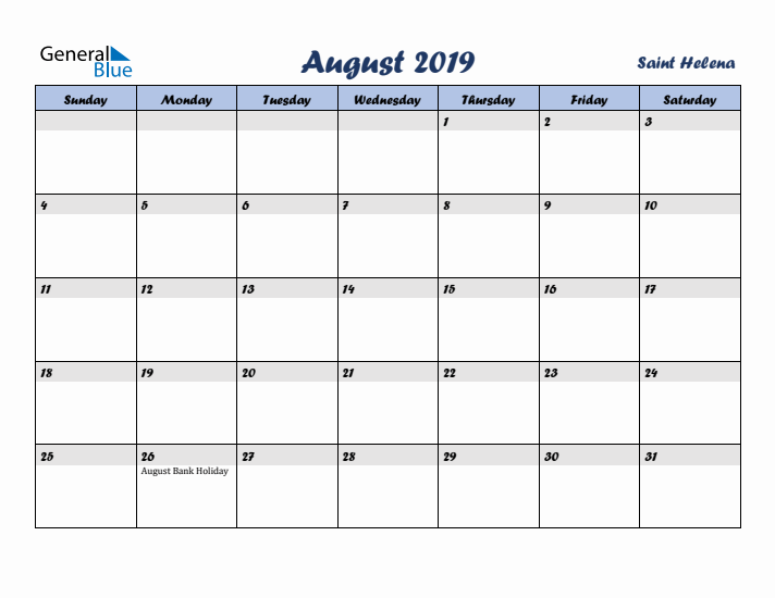 August 2019 Calendar with Holidays in Saint Helena