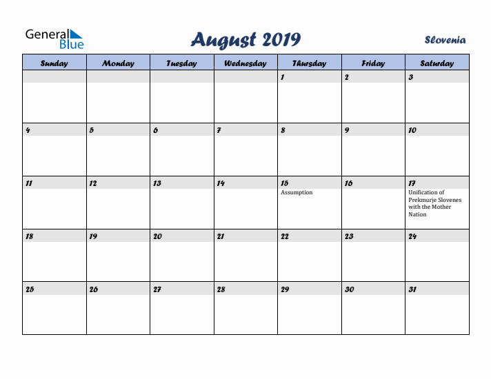 August 2019 Calendar with Holidays in Slovenia