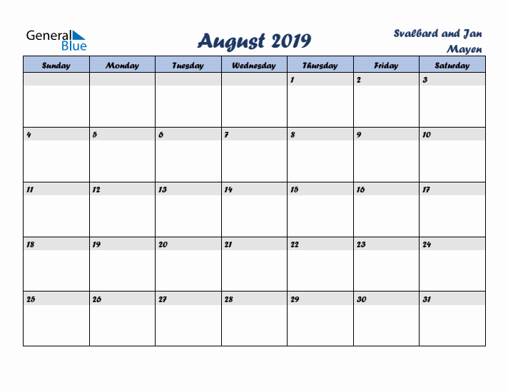 August 2019 Calendar with Holidays in Svalbard and Jan Mayen