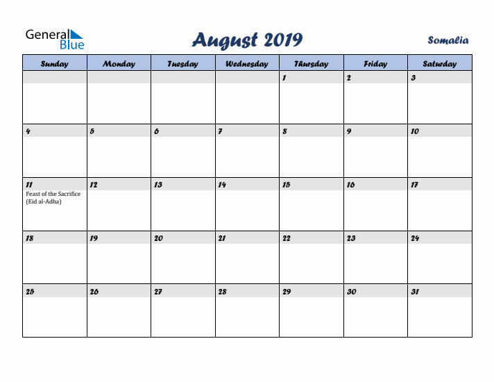 August 2019 Calendar with Holidays in Somalia