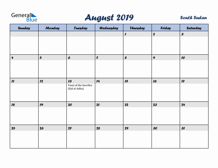 August 2019 Calendar with Holidays in South Sudan