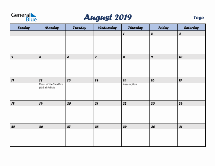 August 2019 Calendar with Holidays in Togo