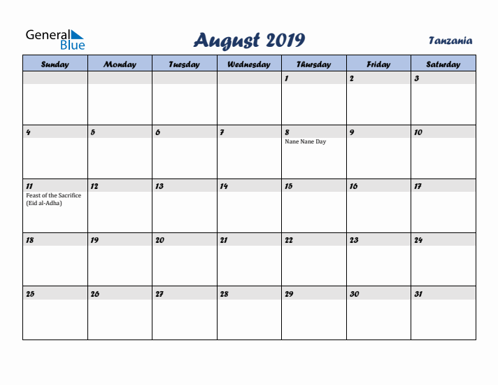 August 2019 Calendar with Holidays in Tanzania