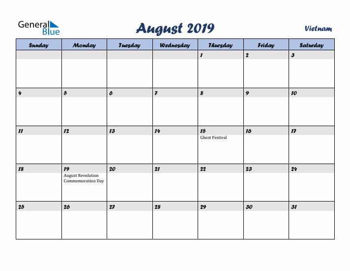 August 2019 Calendar with Holidays in Vietnam