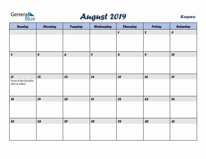 August 2019 Calendar with Holidays in Kosovo