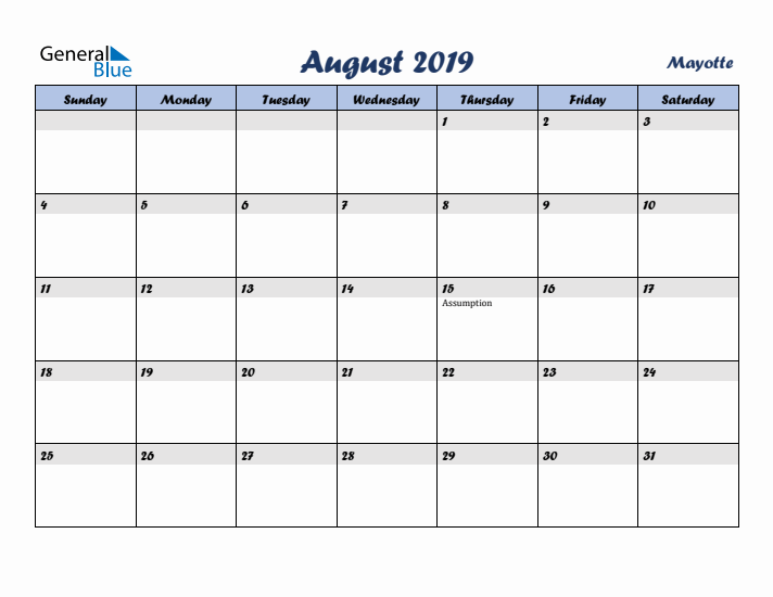 August 2019 Calendar with Holidays in Mayotte