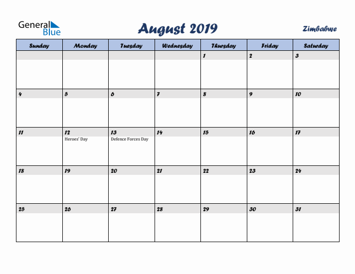 August 2019 Calendar with Holidays in Zimbabwe