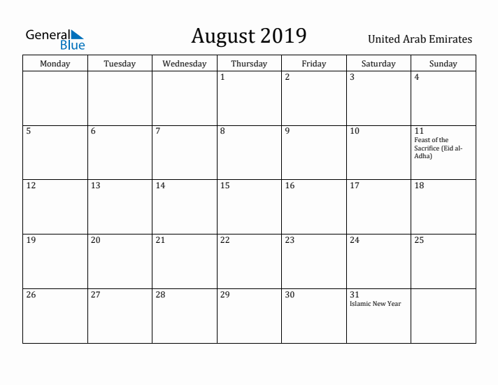 August 2019 Calendar United Arab Emirates