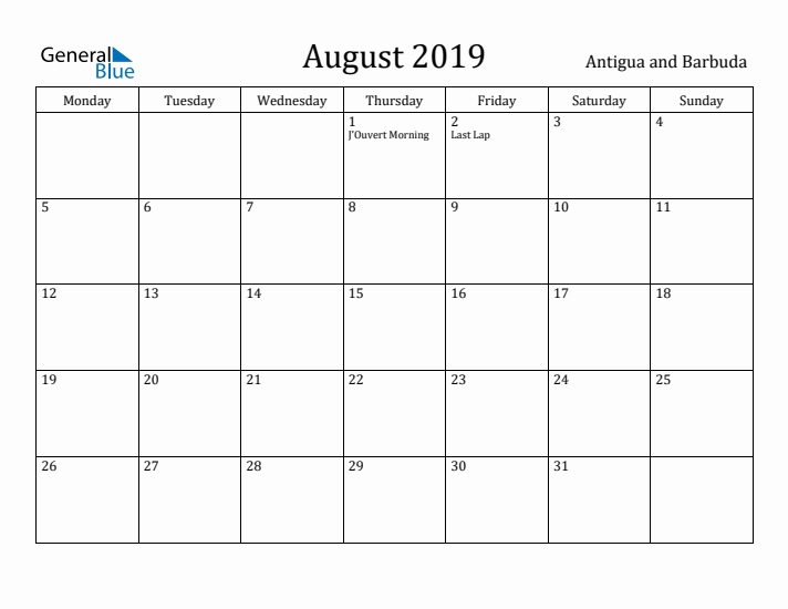August 2019 Calendar Antigua and Barbuda