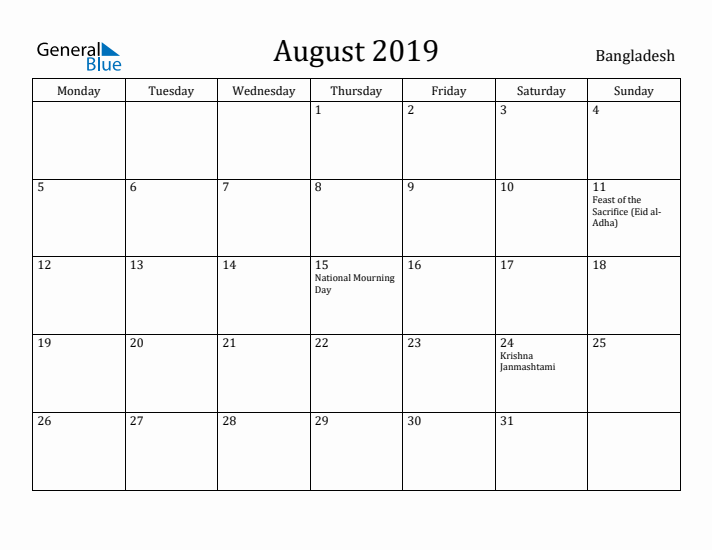August 2019 Calendar Bangladesh