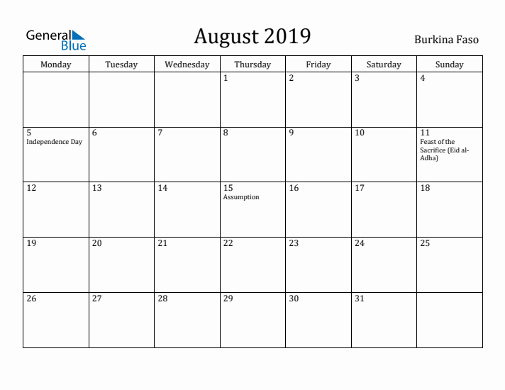 August 2019 Calendar Burkina Faso