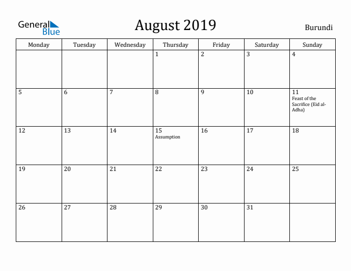 August 2019 Calendar Burundi