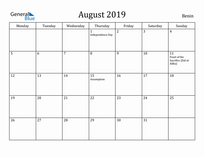 August 2019 Calendar Benin
