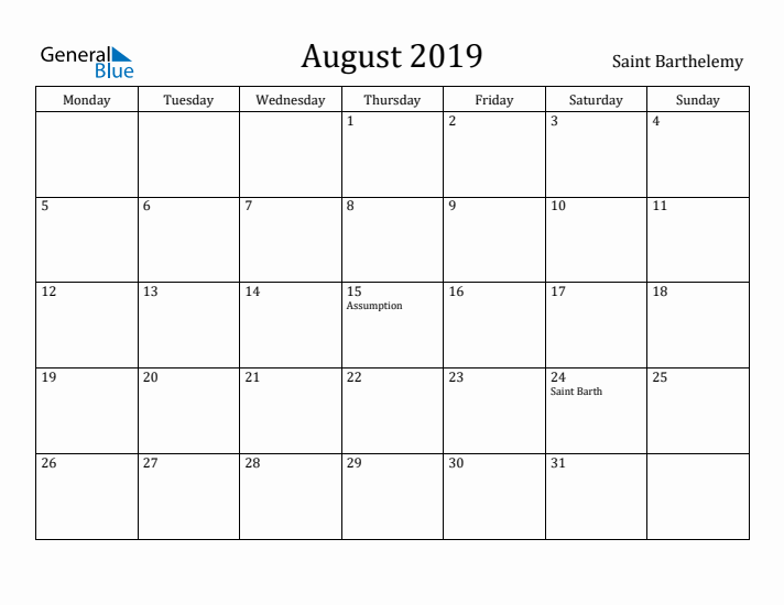 August 2019 Calendar Saint Barthelemy
