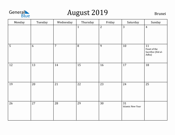 August 2019 Calendar Brunei