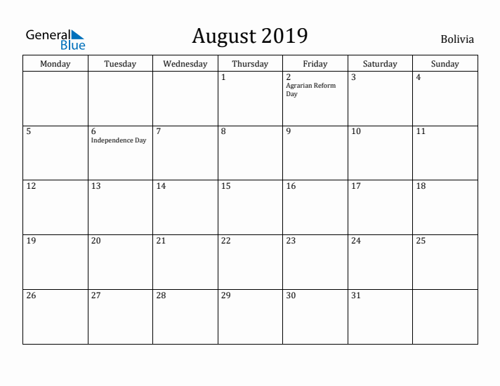 August 2019 Calendar Bolivia
