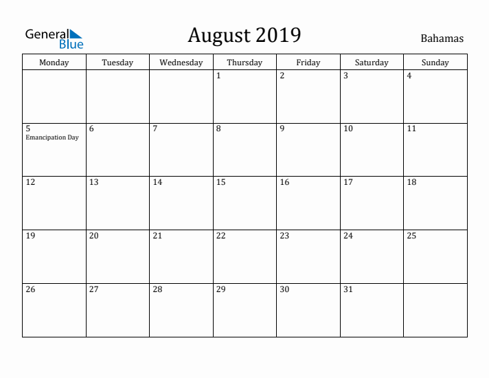 August 2019 Calendar Bahamas