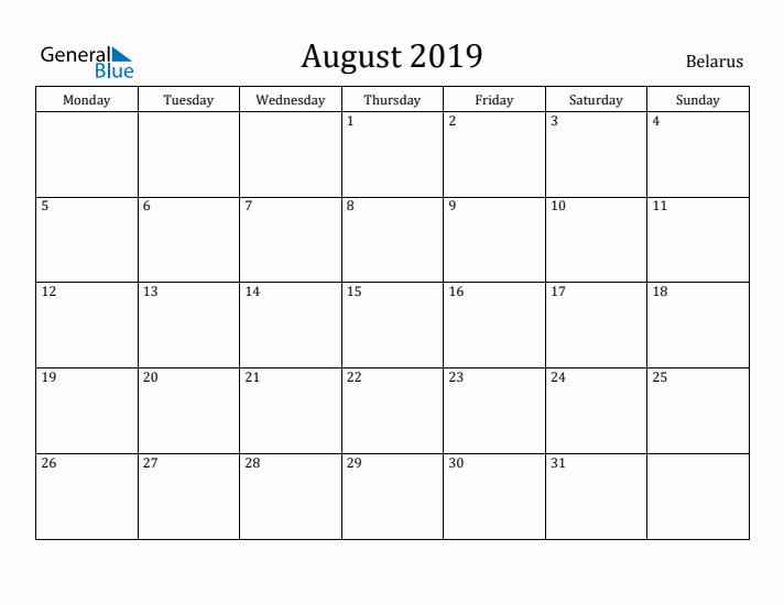 August 2019 Calendar Belarus