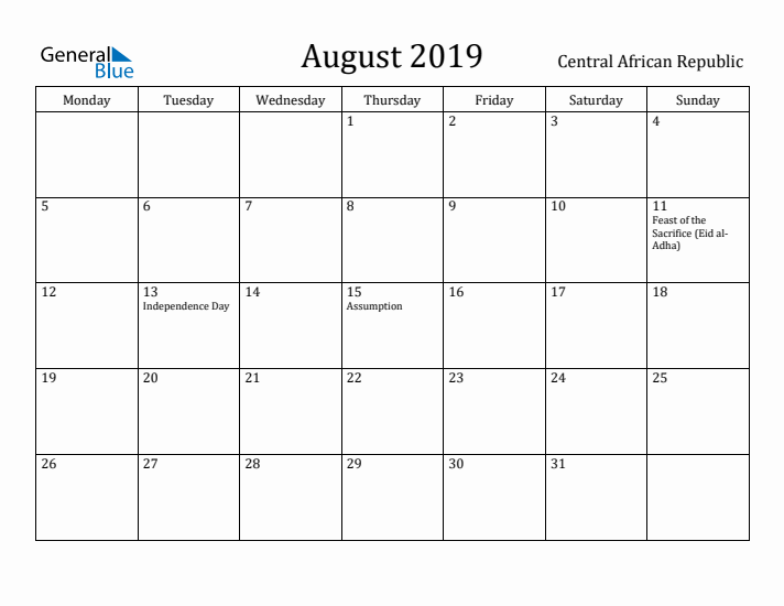 August 2019 Calendar Central African Republic