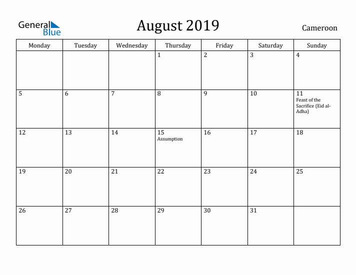 August 2019 Calendar Cameroon