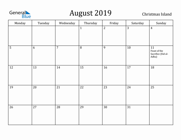 August 2019 Calendar Christmas Island
