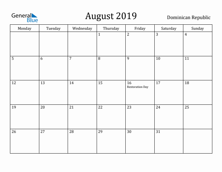 August 2019 Calendar Dominican Republic