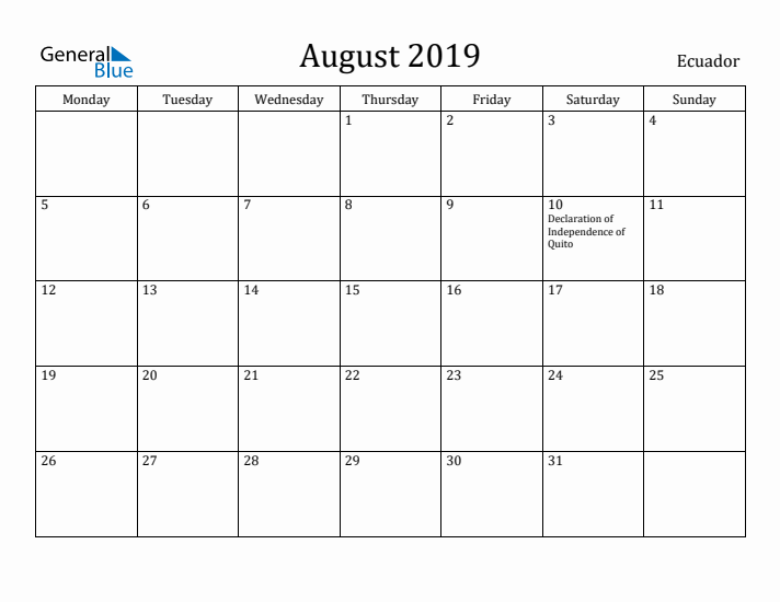 August 2019 Calendar Ecuador