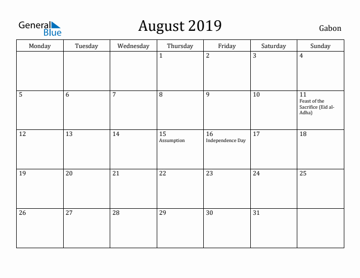 August 2019 Calendar Gabon