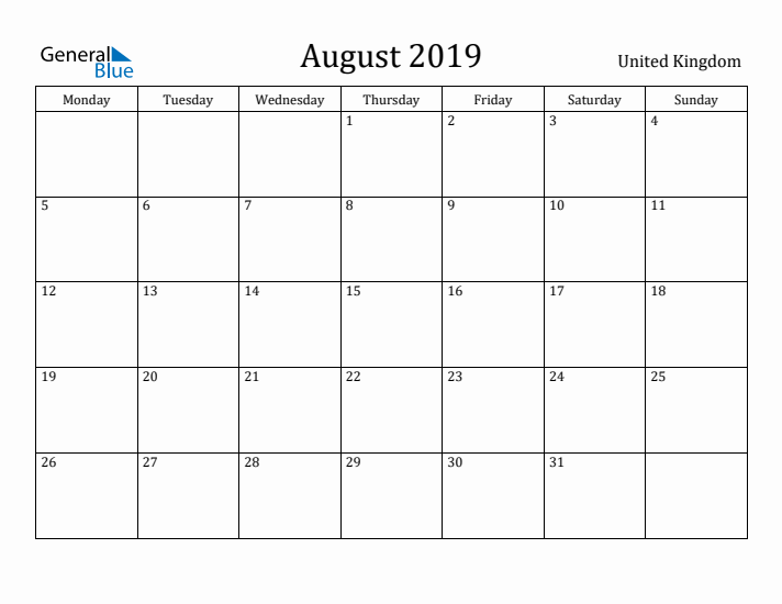 August 2019 Calendar United Kingdom