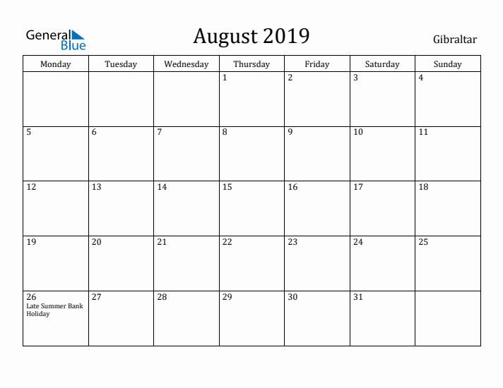 August 2019 Calendar Gibraltar