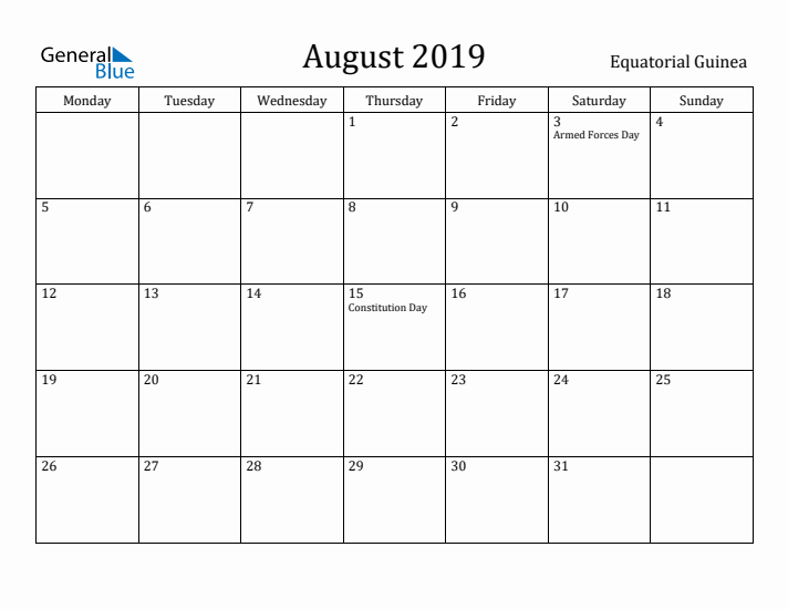August 2019 Calendar Equatorial Guinea