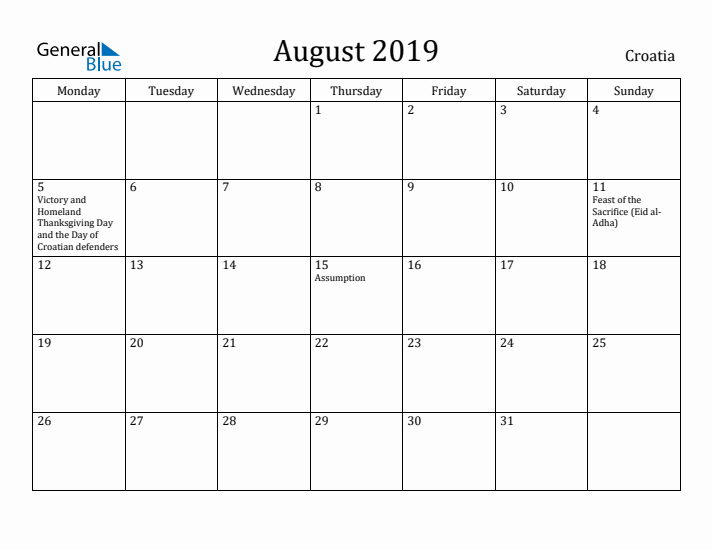 August 2019 Calendar Croatia