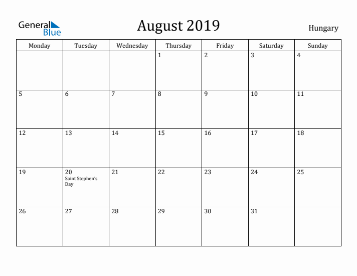 August 2019 Calendar Hungary