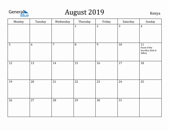 August 2019 Calendar Kenya