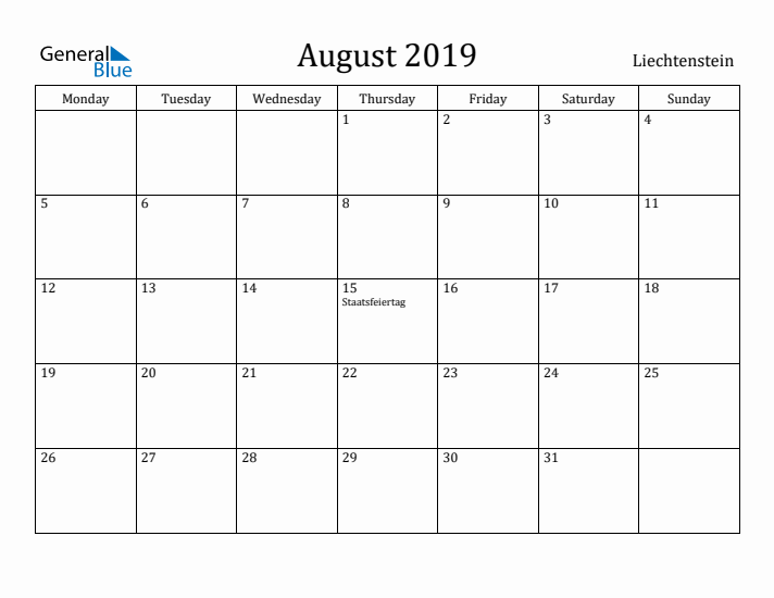 August 2019 Calendar Liechtenstein