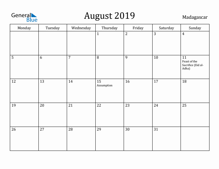 August 2019 Calendar Madagascar