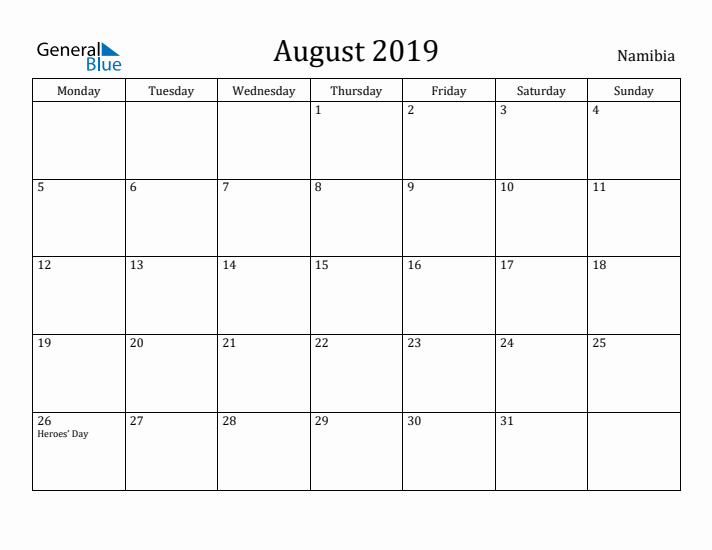 August 2019 Calendar Namibia