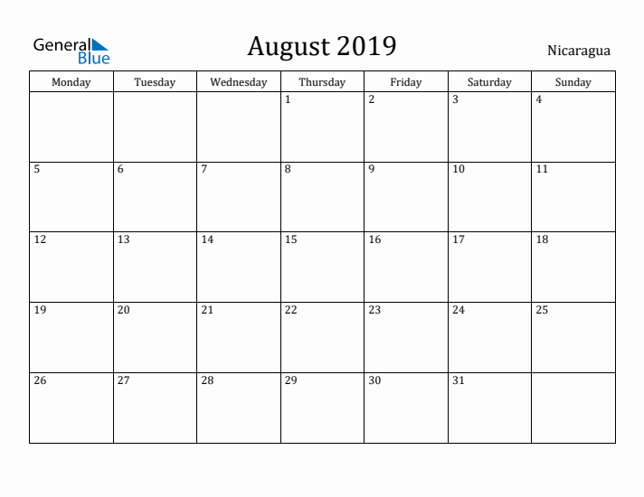 August 2019 Calendar Nicaragua