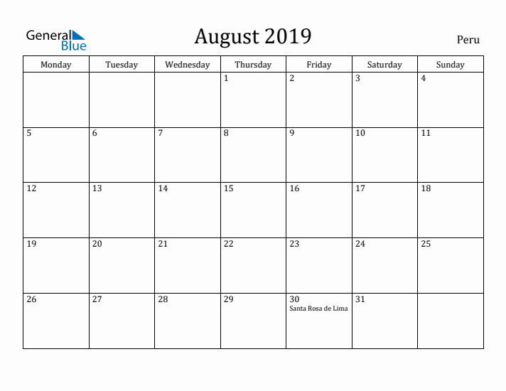 August 2019 Calendar Peru