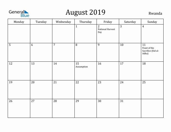 August 2019 Calendar Rwanda