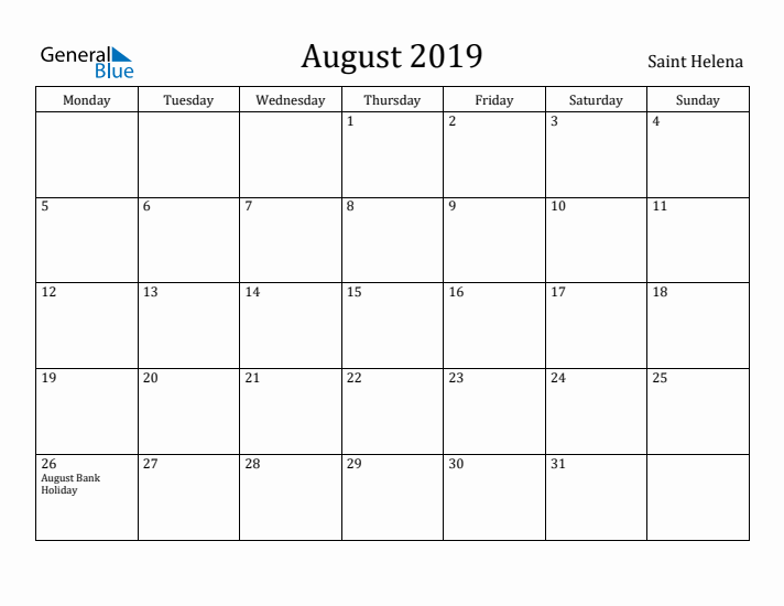 August 2019 Calendar Saint Helena
