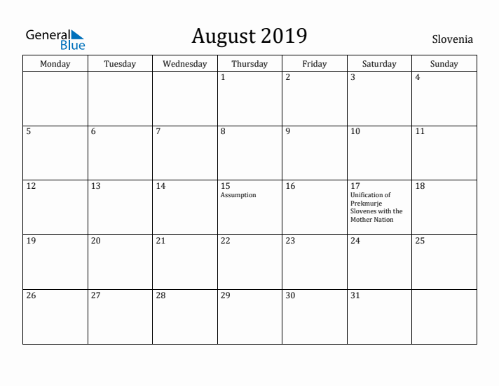 August 2019 Calendar Slovenia