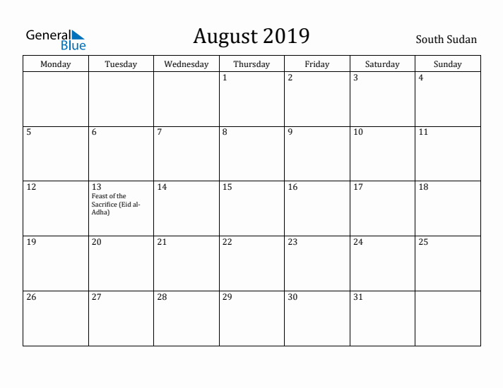August 2019 Calendar South Sudan