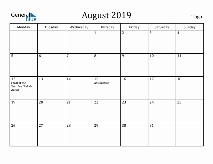 August 2019 Calendar Togo